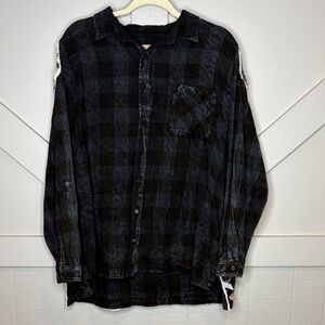 Nu Vintage Mixed Media Plaid Floral Black Blue Shirt Shacket Lagenlook Slouchy